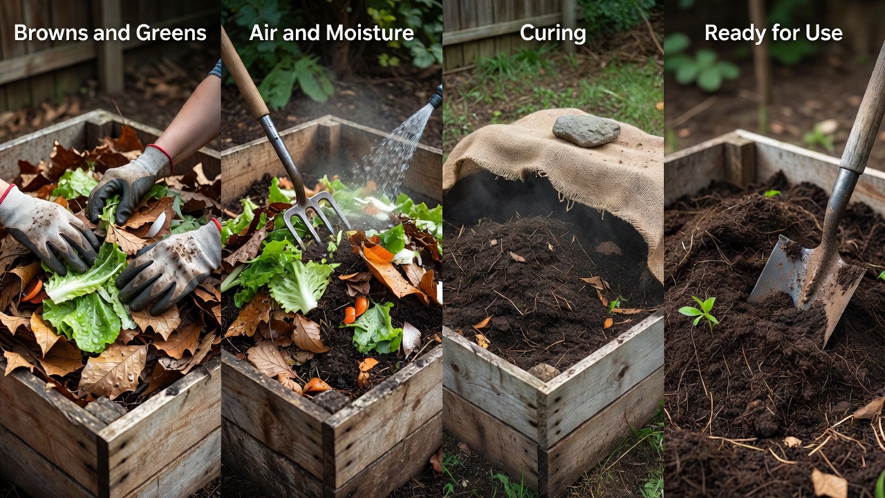 Labelled compost sequence showing dry leaves and vegetable scraps mixed with air and moisture, then cured before use