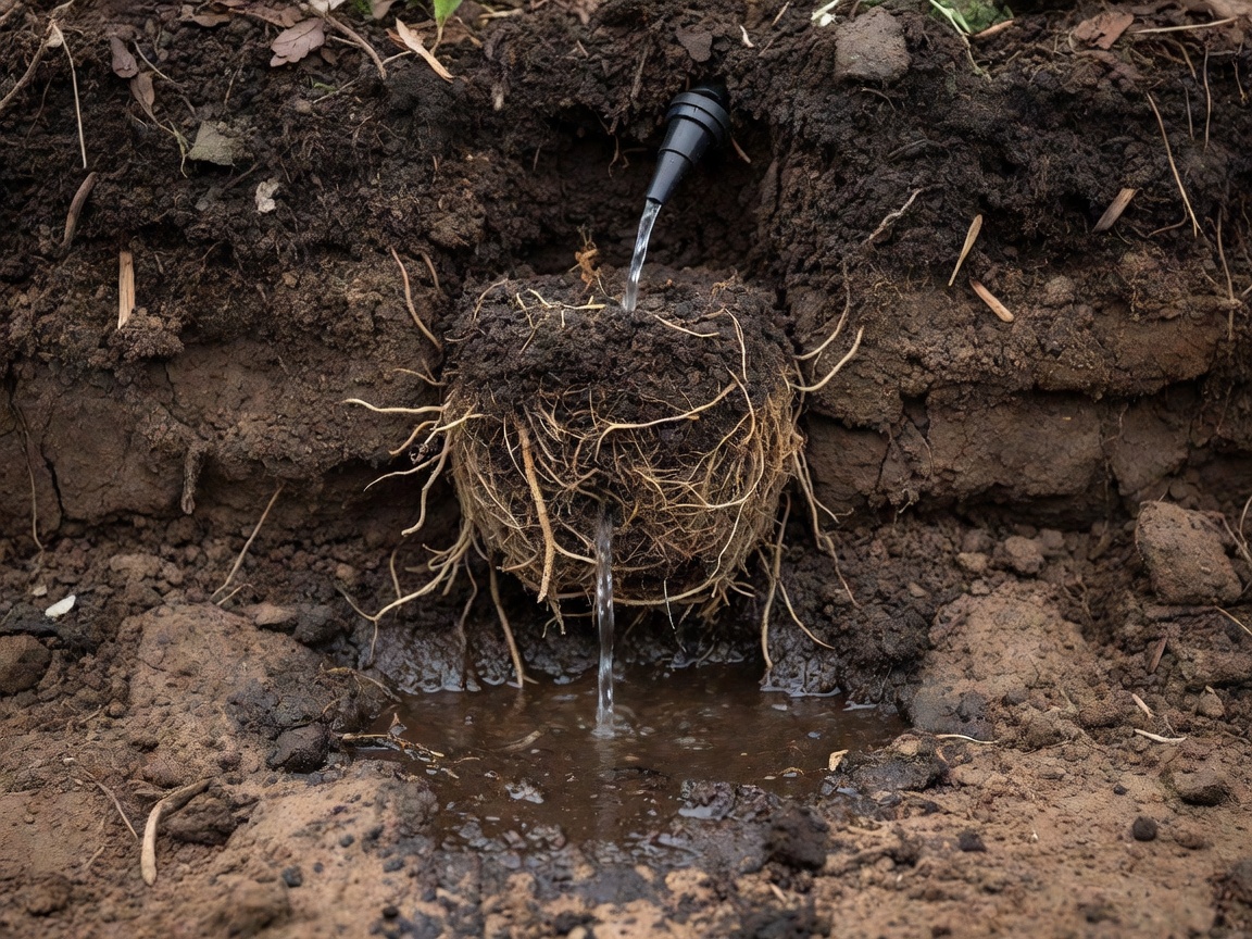Conceptual section showing a young root ball, surrounding soil and a drip emitter wetting the active root area