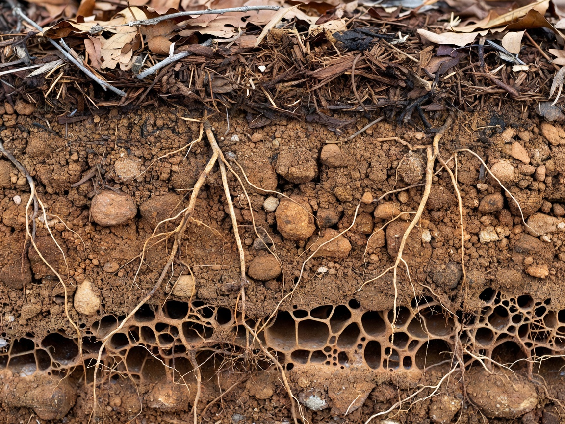 Conceptual soil profile showing a protective surface layer, aggregated soil, pore spaces and roots