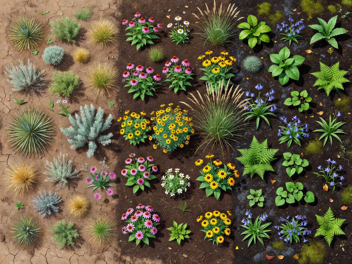 Conceptual planting diagram separating sunny dry ground, moderate garden soil and a shaded moist area