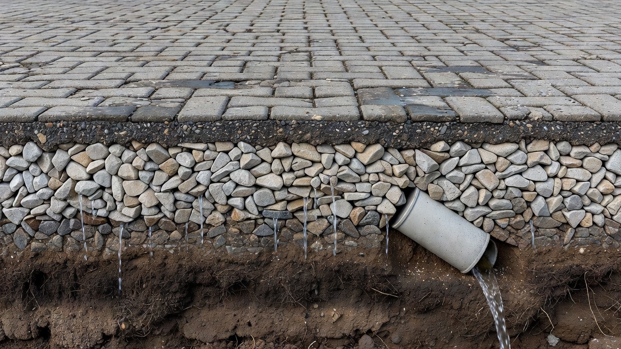 Conceptual cross-section labelled permeable surface, open-graded stone storage layer, subgrade and a possible designed drainage outlet