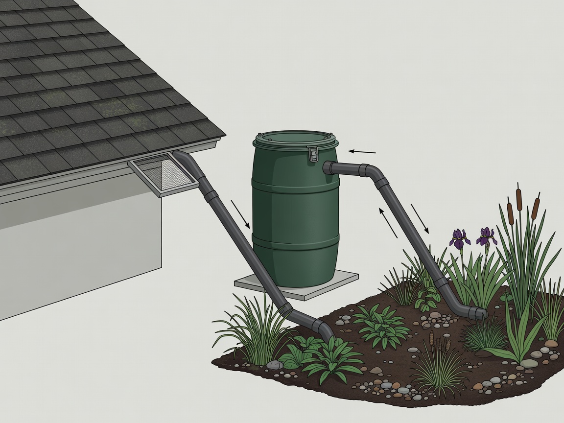 Conceptual diagram labelled roof, screened inlet, secure rain barrel, overflow and planted receiving area away from a house